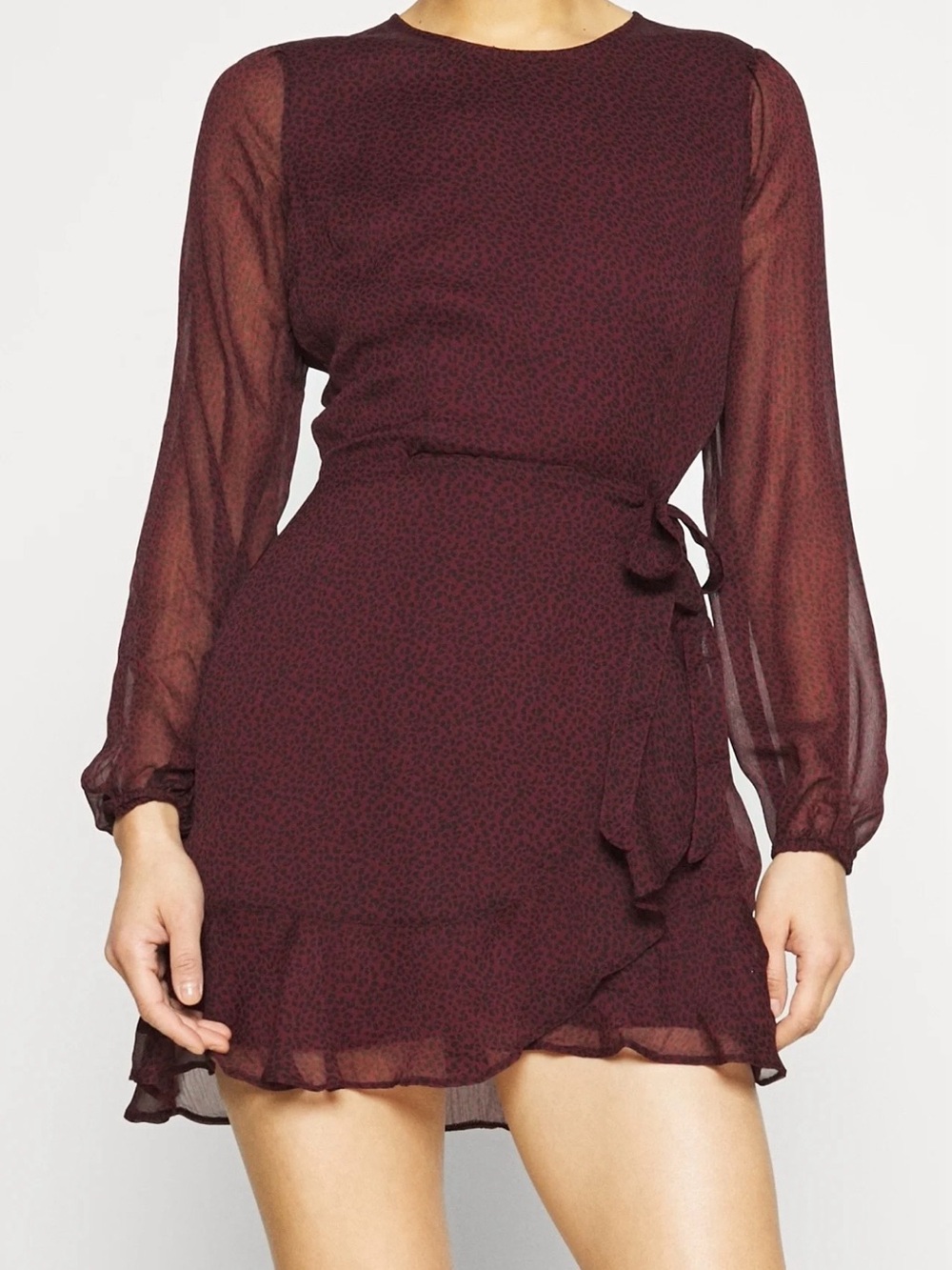 Abercrombie & Fitch Burgundy Long-Sleeve Wrap Mini Dress - Size: Extra Small